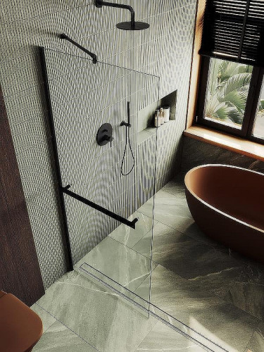 Душевая перегородка Maybah Glass MGD-1418-6ш 990х1950 в широком профиле с полотенцедержателем Черный стекло прозрачное