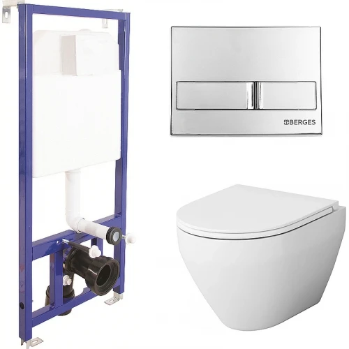 Комплект унитаза AM.PM Spirit FlashClean C701700WH+C707857WH с инсталляцией Berges Novum L3 040213 с сиденьем Микролифт и клавишей смыва Хром фарфор подвесной