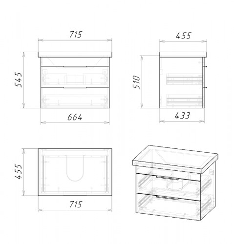 Тумба под раковину Grossman Форта 70 1070032 подвесная Темный дуб галифакс МДФ / ЛДСП