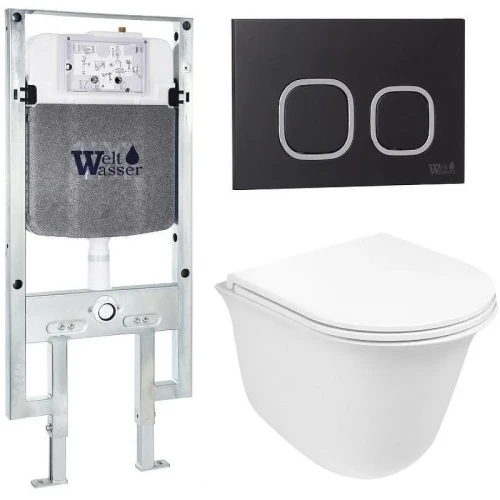 Комплект унитаза с инсталляцией WeltWasser AMBERG 497 ST + TELBACH 004 GL-WT + AMBERG RD-BL 10000006763 цвет Белый глянцевый с сиденьем Микролифт и клавишей смыва цвет Черный