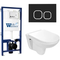Комплект унитаза с инсталляцией WeltWasser BAMBERG 525 + BAARBACH 004 GL-WT + BAMBERG BL 10000010348 цвет Белый глянцевый с сиденьем Микролифт и клавишей смыва цвет Черный