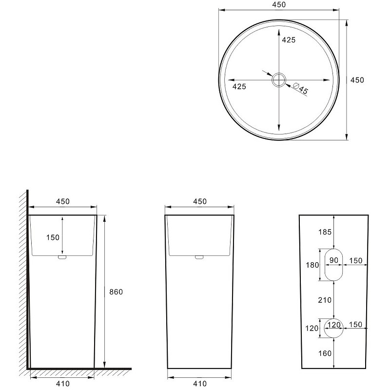 Раковина SantiLine 45 SL-4014MB Черная матовая фаянс напольный