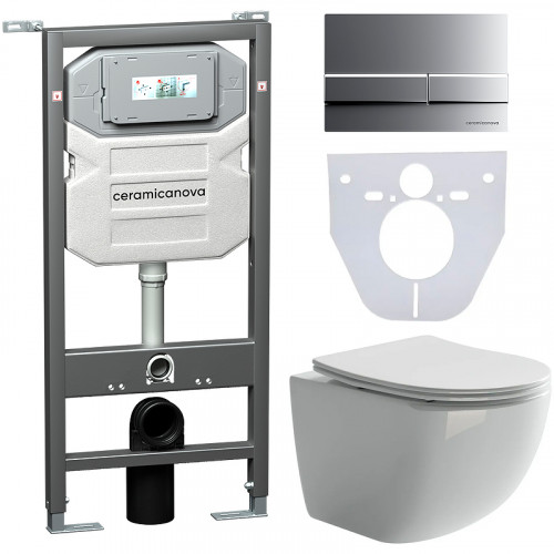 Комплект унитаза с инсталляцией Ceramicanova Forma CN3009_1002M_1000 с сиденьем Микролифт и клавишей смыва Хром матовый фарфор подвесной