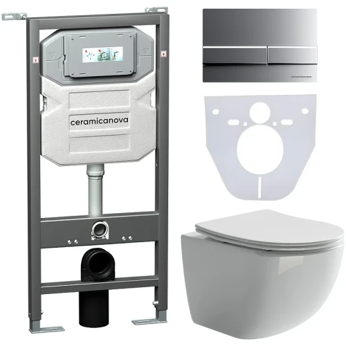 Комплект унитаза с инсталляцией Ceramicanova Forma CN3009_1002M_1000 с сиденьем Микролифт и клавишей смыва Хром матовый фарфор подвесной