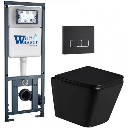 Комплект унитаза с инсталляцией WeltWasser MARBERG 410 + GELBACH 043 GL-BL + MAR 410 SE MT-BL 10000011956 цвет Черный глянцевый с сиденьем Микролифт и клавишей смыва цвет Черный матовый