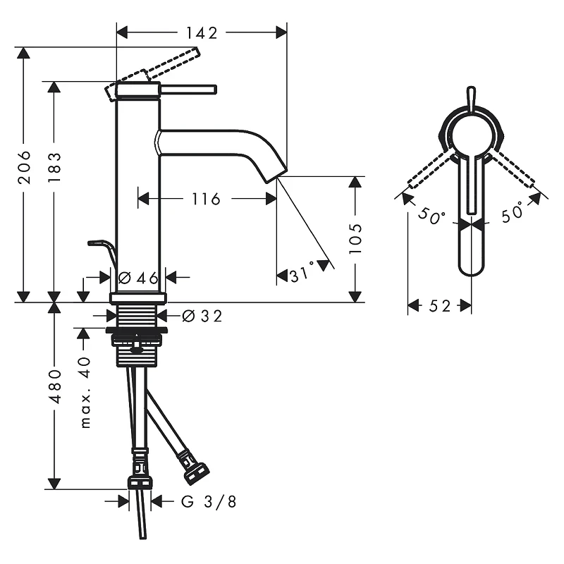 Смеситель для раковины Hansgrohe Tecturis S 73310140 Шлифованная бронза латунь