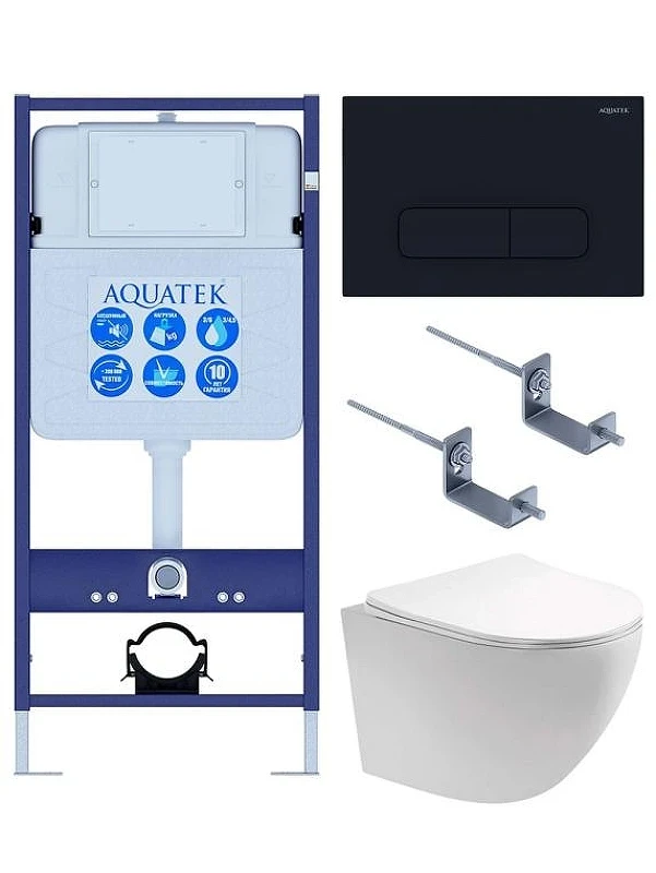 Комплект унитаза с инсталляцией Aquatek Set Aquatek Европа-017 4в1 цвет Белый с сиденьем Микролифт и клавишей смыва цвет Черный матовый