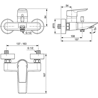 Смеситель для ванны Ideal Standard Tesi A6583AA Хром латунь на стену