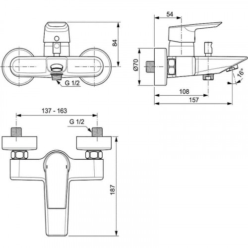 Смеситель для ванны Ideal Standard Tesi A6583AA Хром латунь на стену