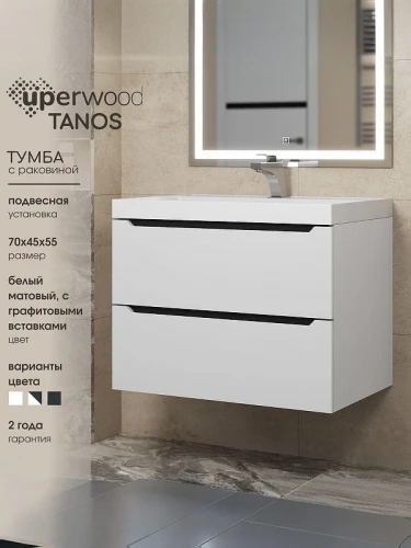 Тумба с раковиной Uperwood Tanos 70 29111020230 подвесная цвет Белый матовый Графит матовый