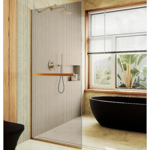 Душевая перегородка Maybah Glass MGD-1459-3у 990х1950 в узком профиле с полотенцедержателем Золото стекло бронзовое