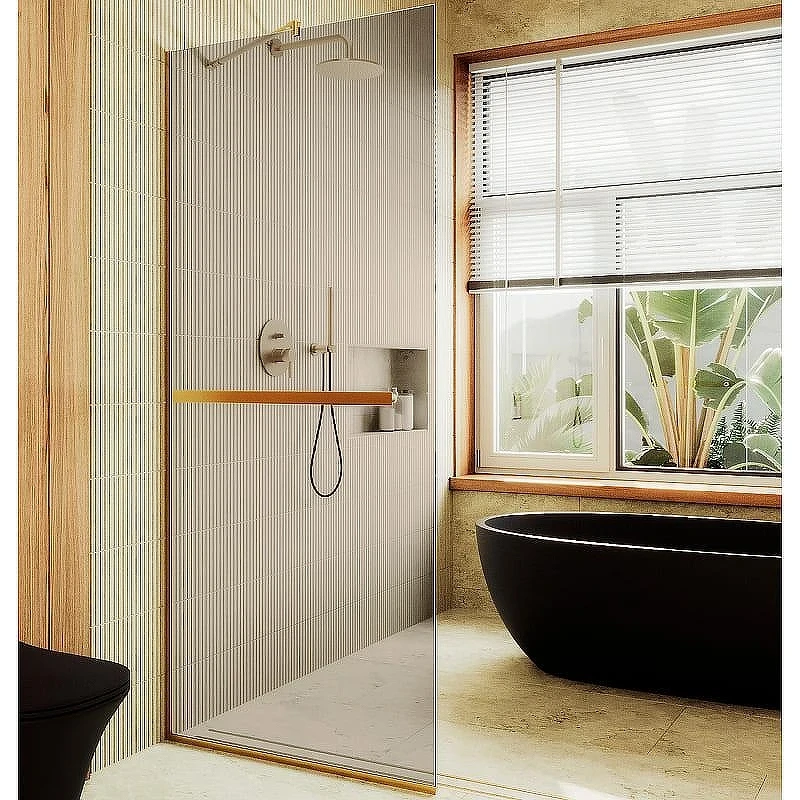 Душевая перегородка Maybah Glass MGD-1459-3у 990х1950 в узком профиле с полотенцедержателем Золото стекло бронзовое