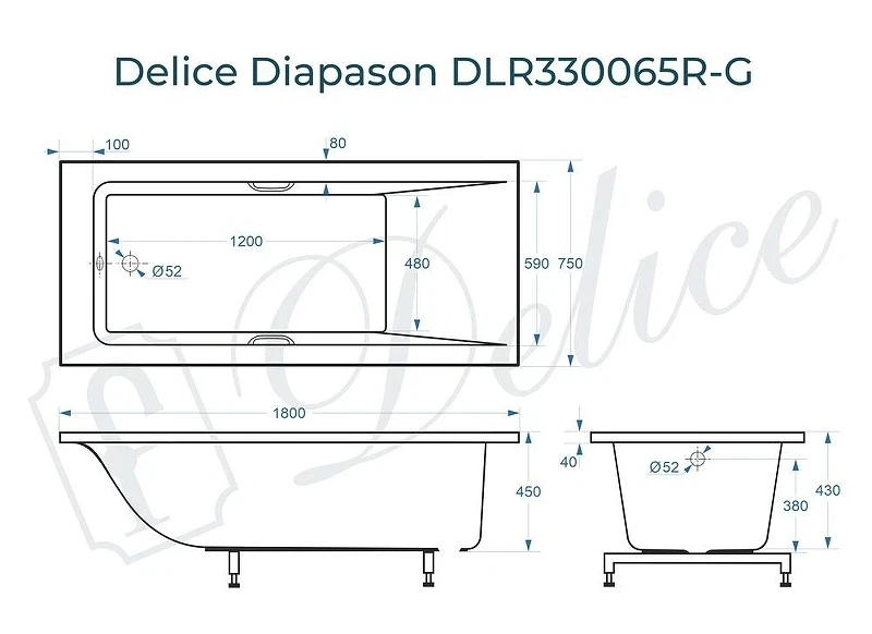 Ванна из искусственного камня Delice Diapason 180х75 DLR330065R-G цвет Белый глянцевый с ручками Хром