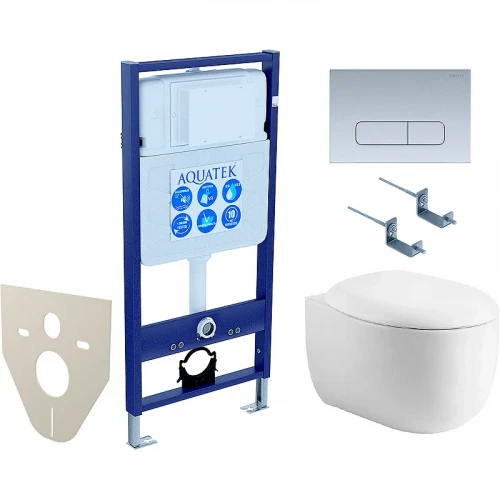 Комплект унитаза с инсталляцией Aquatek Set Aquatek Альтаир cm-014 4в1 с сиденьем Микролифт и клавишей смыва Хром матовый фарфор подвесной
