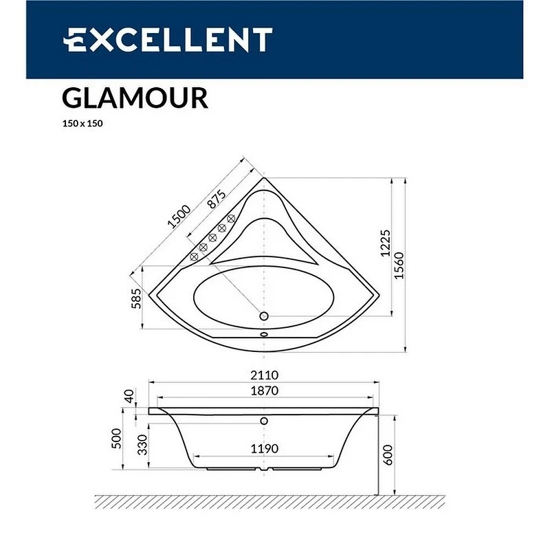Акриловая ванна Excellent Glamour 150x150 WAEX.GLA15.SOFT.WH цвет Белый с гидромассажем форсунки Белые