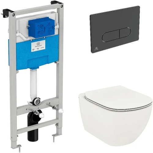 Унитаз с инсталляцией Ideal Standard Tesi Aqua Blade T3868V1/115A6 с сиденьем Микролифт и Черной матовой клавишей смыва