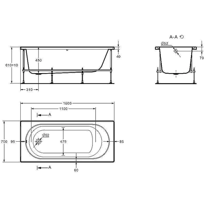 Акриловая ванна Roca Gava 160x70 ZRU9307847 без гидромассажа, с каркасом ZRU9307849