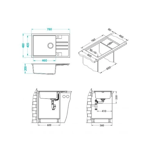 Кухонная мойка Alveus Granital Intermezzo 130 Concrete G81 780x480x200 1119692 Бетон искусственный камень (литьевой мрамор) встраиваемая сверху, встраиваемая снизу
