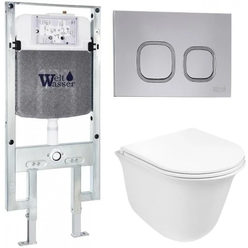 Комплект унитаза с инсталляцией WeltWasser AMBERG 497 ST + TELBACH 004 GL-WT + AMBERG RD-CR 10000006764 цвет Белый глянцевый с сиденьем Микролифт и клавишей смыва цвет Хром