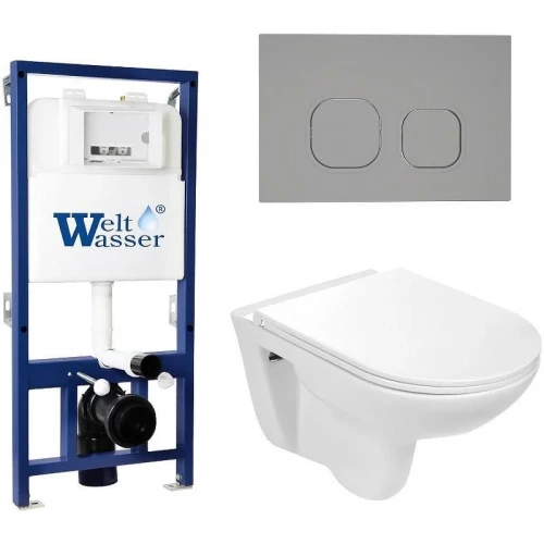 Комплект унитаза с инсталляцией WeltWasser BAMBERG 525 + BAARBACH 004 GL-WT + BAMBERG CR 10000010349 цвет Белый глянцевый с сиденьем Микролифт и клавишей смыва цвет Хром