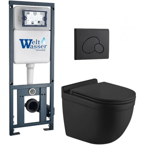 Комплект унитаза с инсталляцией WeltWasser MARBERG 410 + HEIMBACH 043 MT-BL + MAR 410 RD MT-BL 10000012248 цвет Черный матовый с сиденьем Микролифт и клавишей смыва цвет Черный матовый