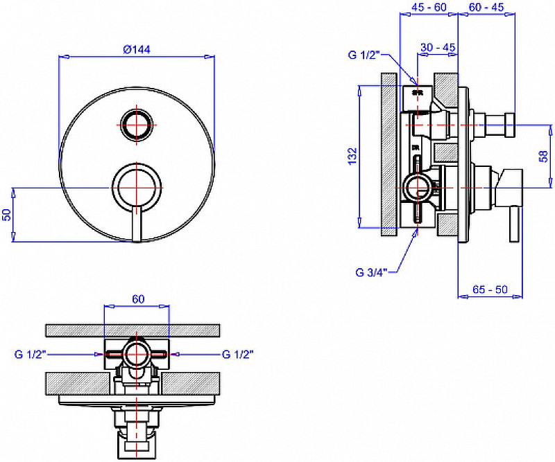 Смеситель для душа Margaroli Moderna RU2008AA01CR Хром встраиваемый