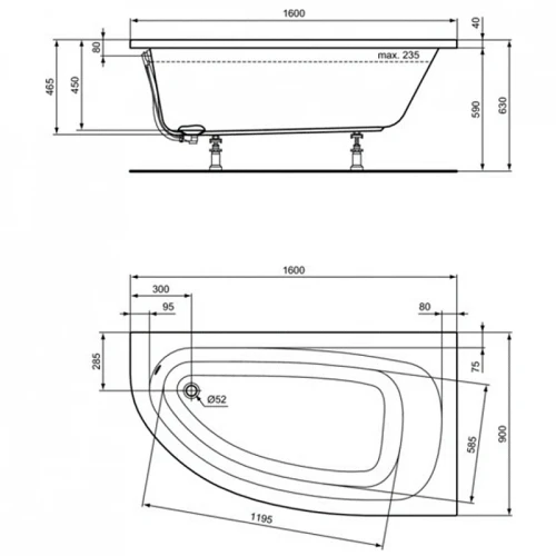 Акриловая ванна Ideal Standard Hotline 160х90 R K275701 цвет Euro White / Евробелый