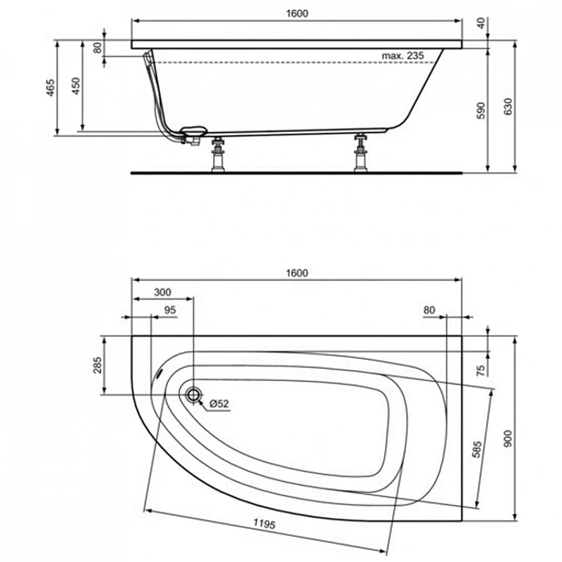 Акриловая ванна Ideal Standard Hotline 160х90 R K275701 цвет Euro White / Евробелый