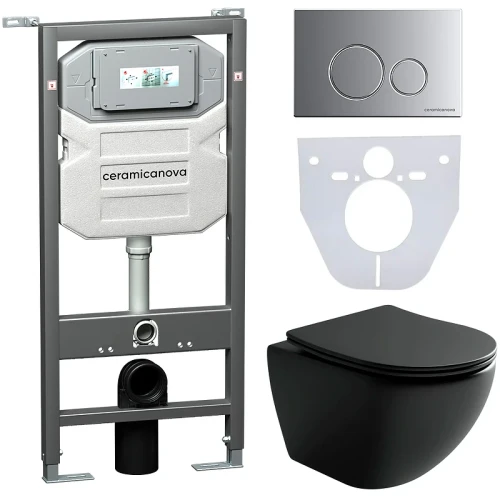 Комплект унитаза с инсталляцией Ceramicanova Metropol CN4002MB_1001M_1000 с сиденьем Микролифт и клавишей смыва Хром матовый фарфор подвесной