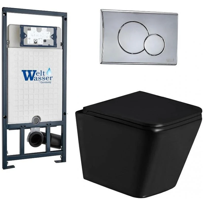 Комплект унитаза с инсталляцией WeltWasser MARBERG 507 + GELBACH 043 GL-BL + MAR 507 RD CR 10000011958 цвет Черный глянцевый с сиденьем Микролифт и клавишей смыва цвет Хром