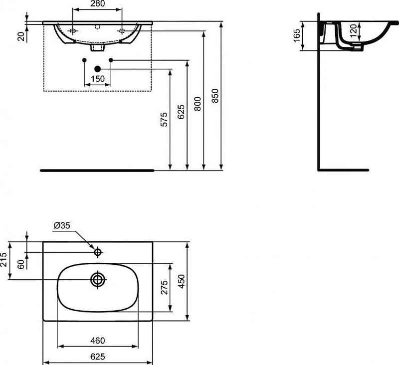 Мебельная раковина Ideal Standard Tesi 62 T3510V3 цвет Silk Black / Черный шелк