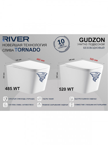 Унитаз River GUDZON 485 WT 10000013702 подвесной цвет Белый с сиденьем микролифт