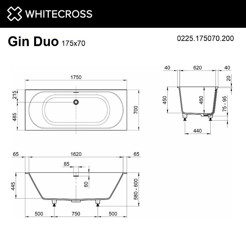 Ванна из искусственного камня Whitecross Gin Duo 175x70 0225.175070.200 цвет Белый матовый