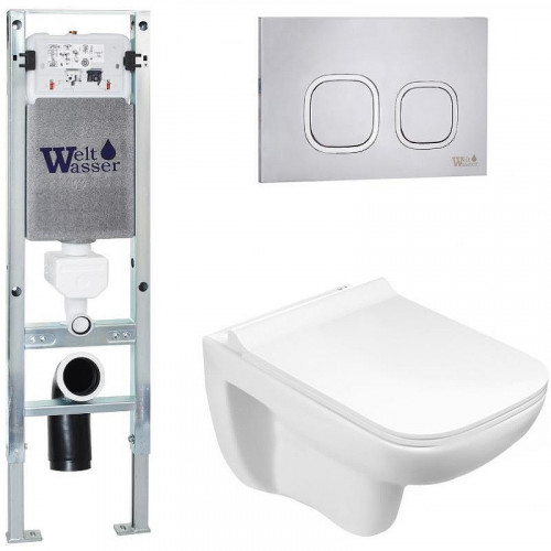 Комплект унитаза с инсталляцией WeltWasser AMBERG 350 ST + KEHLBACH 004 GL-WT + AMBERG RD-MT CR 10000006540 цвет Белый глянцевый с сиденьем Микролифт и клавишей смыва цвет Хром матовый