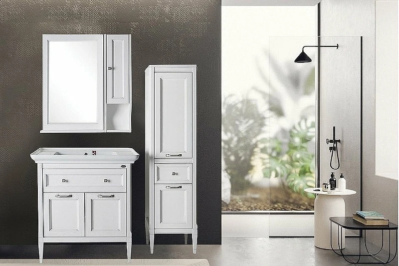 Комплект мебели для ванной ASB-Woodline Гранда 85 Белый с патиной Серебро массив дерева