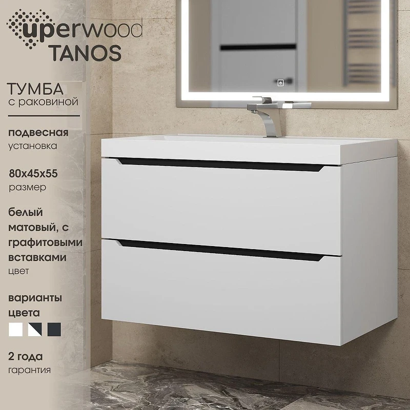 Тумба с раковиной Uperwood Tanos 80 29111020231 подвесная цвет Белый матовый Графит матовый