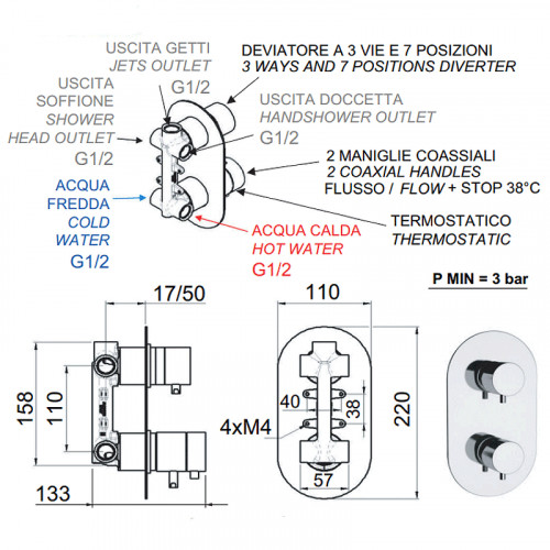 Смеситель для душа Remer Minimal Thermo NT937 с термостатом Хром латунь встраиваемый