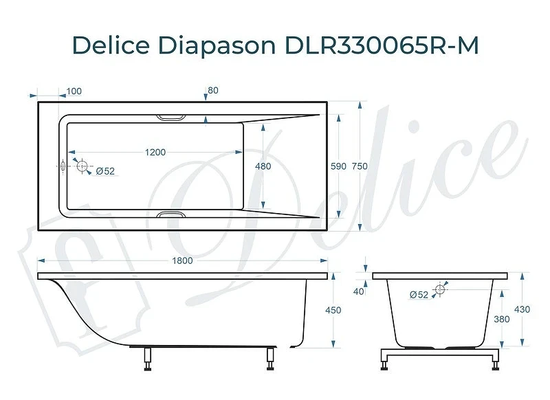 Ванна из искусственного камня Delice Diapason 180х75 DLR330065R-M цвет Белый матовый с ручками Хром