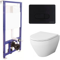 Комплект унитаза AM.PM Spirit FlashClean C701700WH+C707857WH с инсталляцией Berges Novum D5 040235 с сиденьем Микролифт и Черной матовой клавишей смыва фарфор подвесной