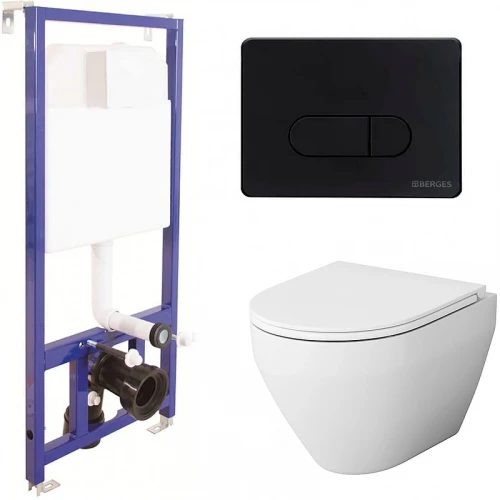 Комплект унитаза AM.PM Spirit FlashClean C701700WH+C707857WH с инсталляцией Berges Novum D5 040235 с сиденьем Микролифт и Черной матовой клавишей смыва фарфор подвесной