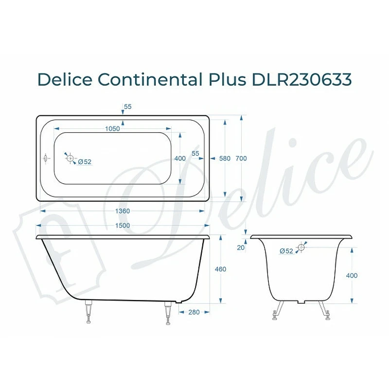 Чугунная ванна Delice Continental Plus 150x70 DLR230633 без отверстий под ручки и антискользящего покрытия