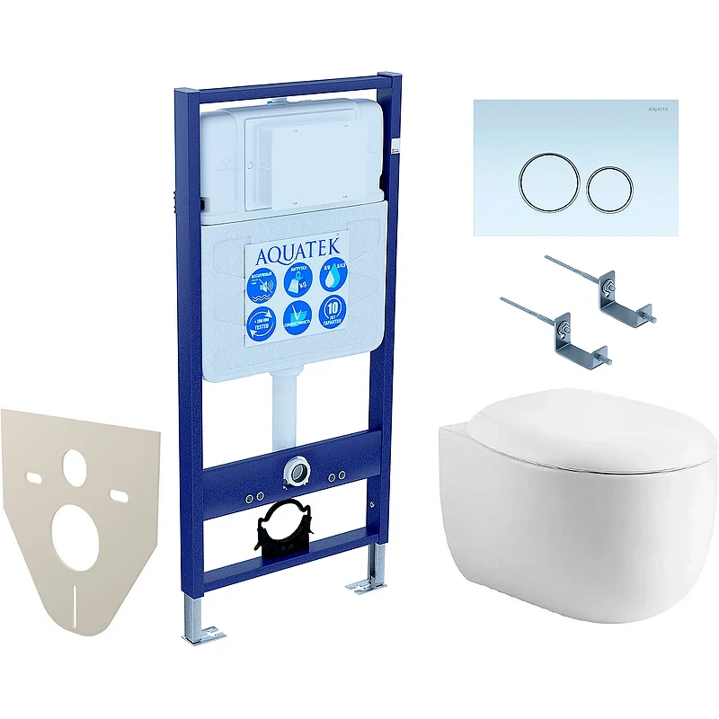 Комплект унитаза с инсталляцией Aquatek Set Aquatek Альтаир cm-015 4в1 с сиденьем Микролифт и Белой клавишей смыва фарфор подвесной
