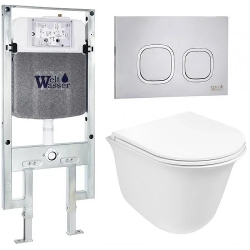 Комплект унитаза с инсталляцией WeltWasser AMBERG 497 ST + TELBACH 004 GL-WT + AMBERG RD-MT CR 10000006765 цвет Белый глянцевый с сиденьем Микролифт и клавишей смыва цвет Хром матовый