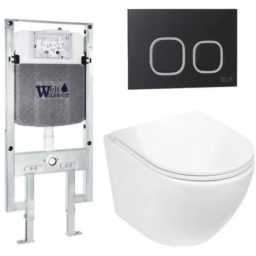 Комплект унитаза с инсталляцией WeltWasser AMBERG 497 ST + MERZBACH 043 GL-WT + AMBERG RD-BL 10000011292 цвет Белый глянцевый с сиденьем Микролифт и клавишей смыва цвет Черный