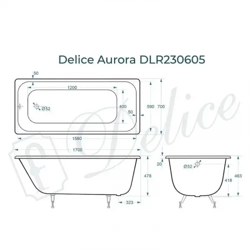 Чугунная ванна Delice Aurora 170х70 DLR230605 без отверстий под ручки и антискользящего покрытия, с ножками DLR000012