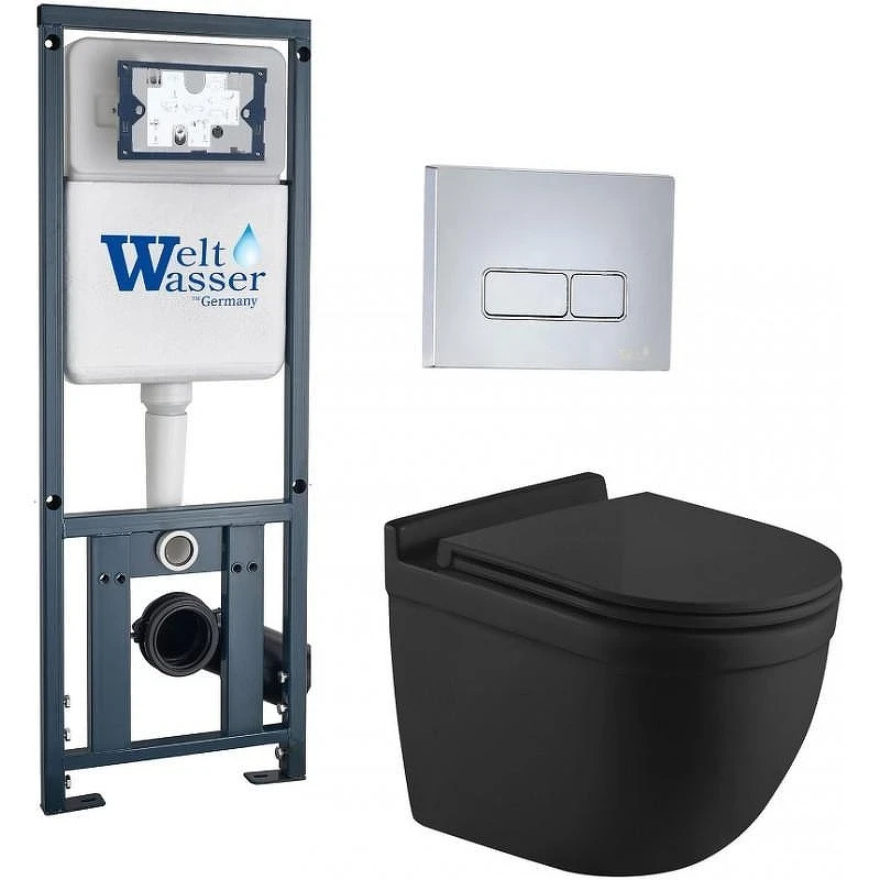 Комплект унитаза с инсталляцией WeltWasser MARBERG 410 + HEIMBACH 043 MT-BL + MAR 410 SE-CR 10000012249 цвет Черный матовый с сиденьем Микролифт и клавишей смыва цвет Хром