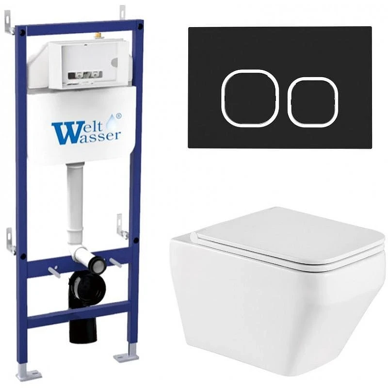 Комплект унитаза с инсталляцией WeltWasser BAMBERG 460 + HOFBACH 041 GL-WT + BAMBERG BL 10000013582 цвет Белый глянцевый с сиденьем Микролифт и клавишей смыва цвет Черный