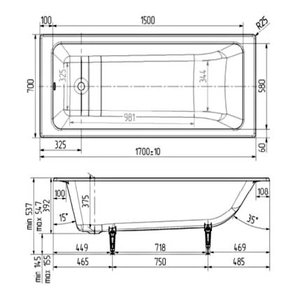 Чугунная ванна Wotte Line 170x70 БП-э00д1467 без антискользящего покрытия