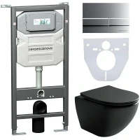 Комплект унитаза с инсталляцией Ceramicanova Metropol CN4002MB_1002M_1000 с сиденьем Микролифт и клавишей смыва Хром матовый фарфор подвесной