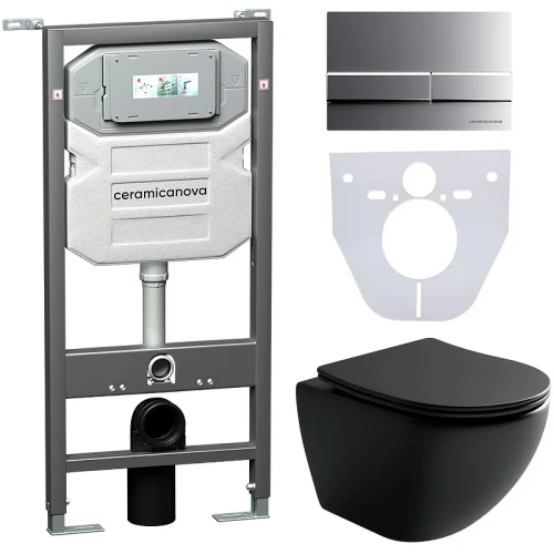 Комплект унитаза с инсталляцией Ceramicanova Metropol CN4002MB_1002M_1000 с сиденьем Микролифт и клавишей смыва Хром матовый фарфор подвесной